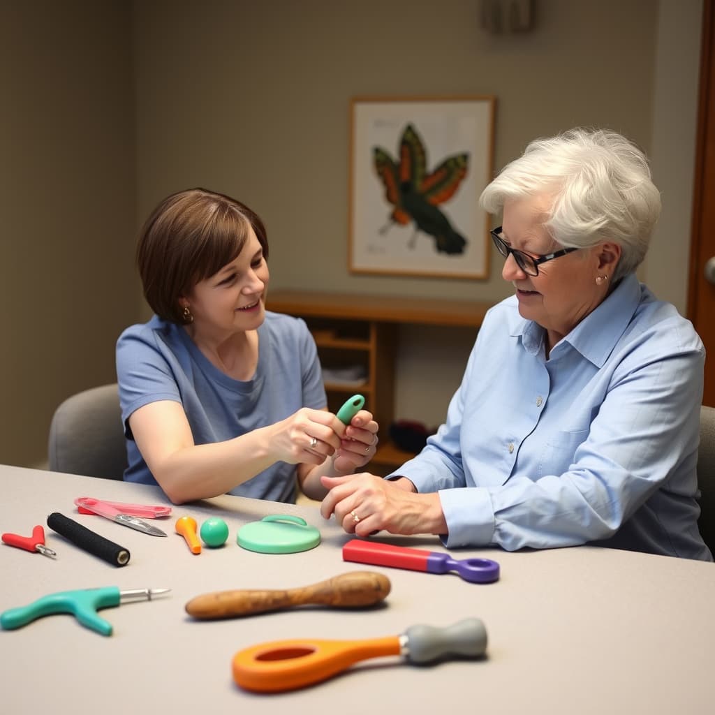 An occupational therapist and a patient working with adaptive tools at a table