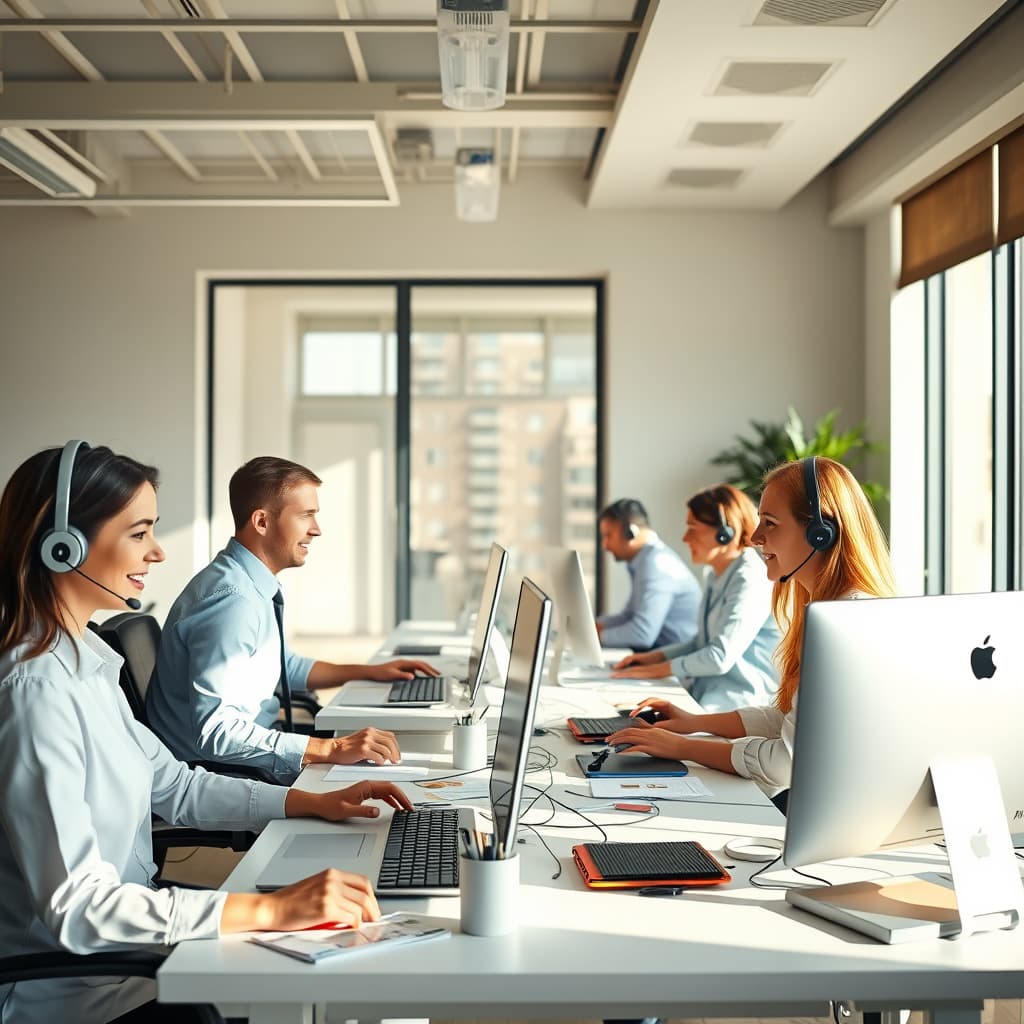 Administrative staff working at their desks in a bright office