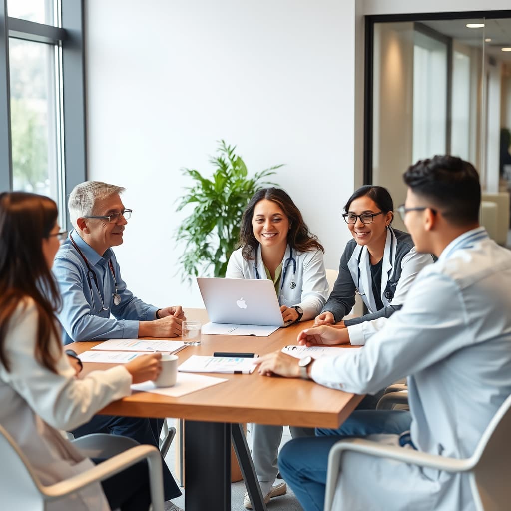 Healthcare and office professionals meeting around a table