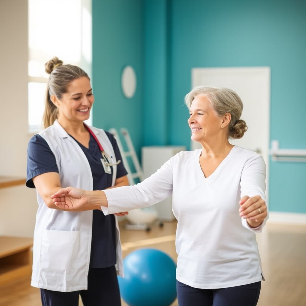 A physical therapist guiding an older patient through an arm exercise