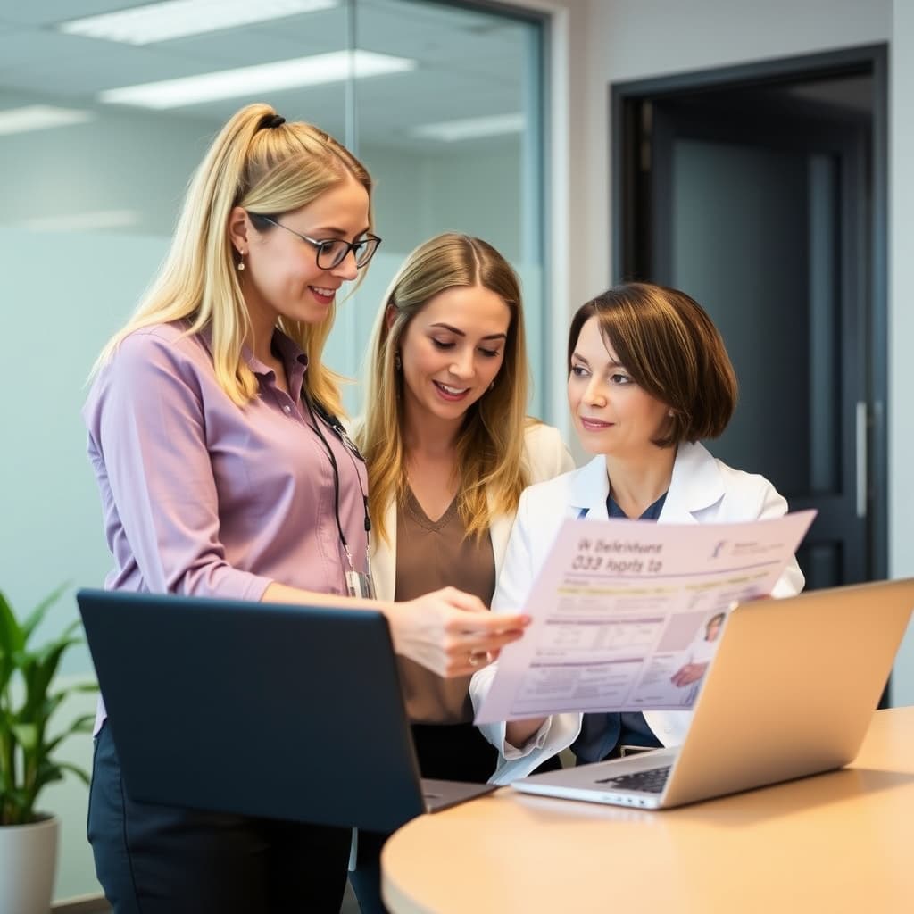 Three colleagues reviewing paperwork together at a desk