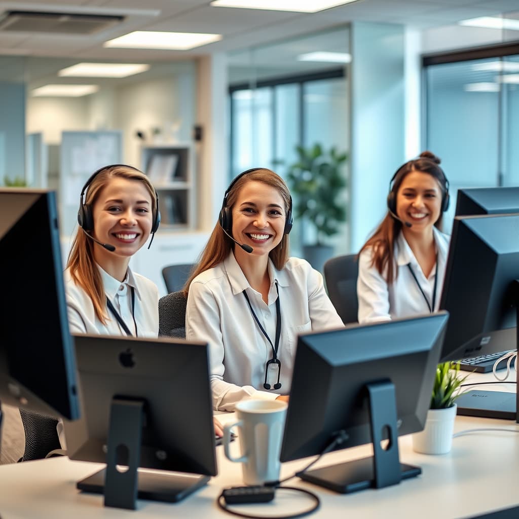Office coordinators wearing headsets, smiling at their desks