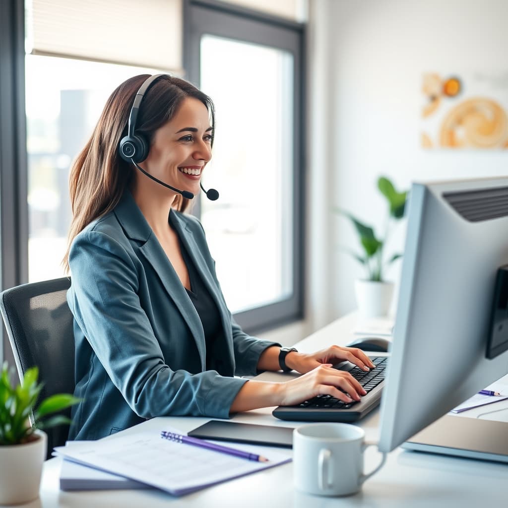 A coordinator wearing a headset working at her computer