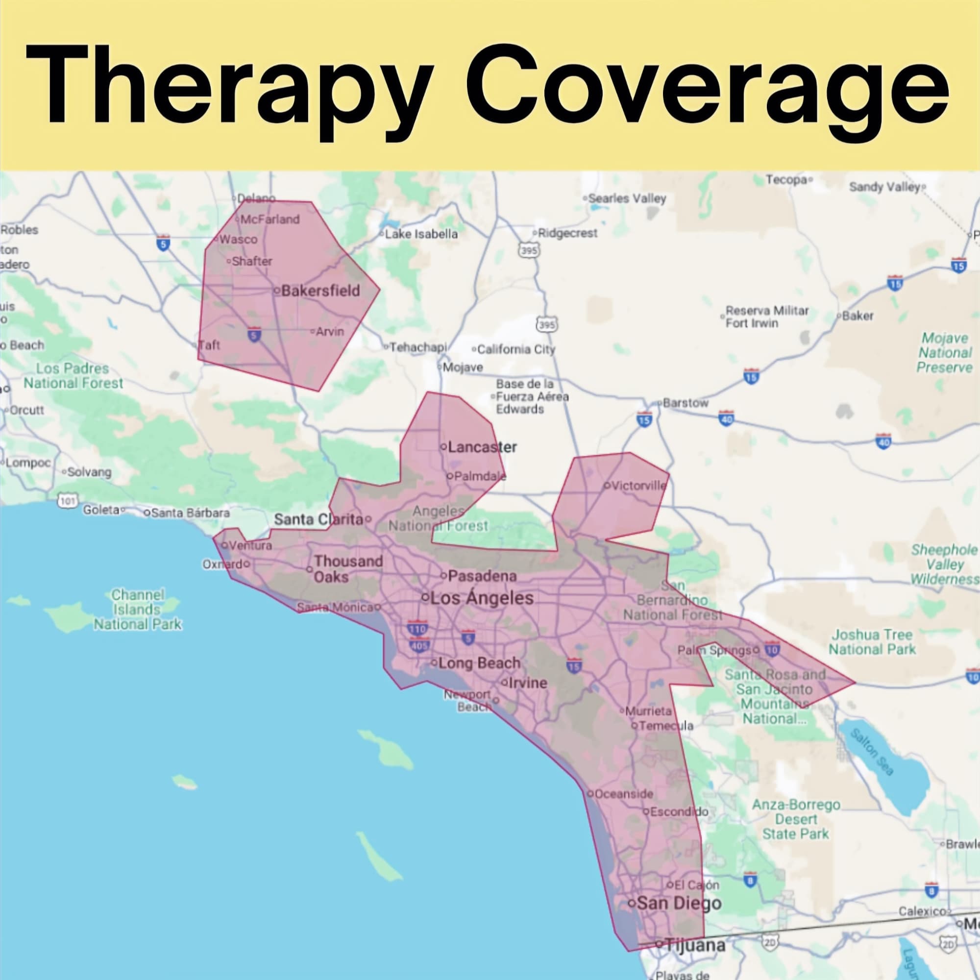 Map of Southern California with the counties A-List Therapy Group covers shaded