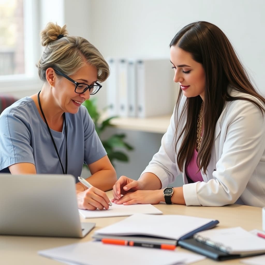 A clinician and a coordinator going over a case file together